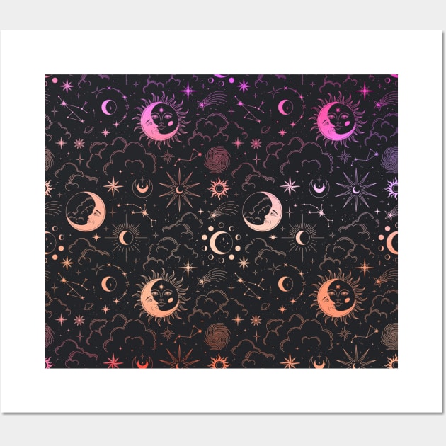 Celestial Witchy Pattern - Pink and Orange Gradient Wall Art by rosiemoonart